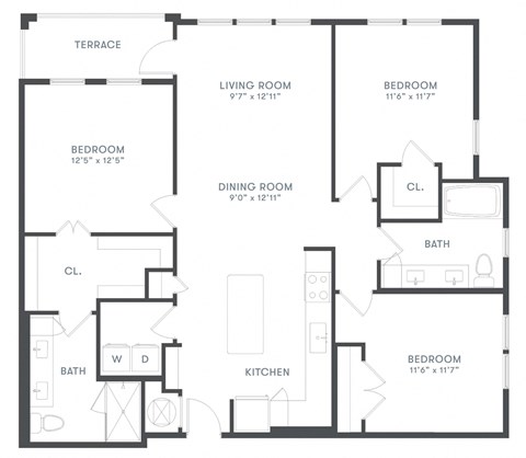 Floor plan for 3 beds, 2 baths, 1324 sqft